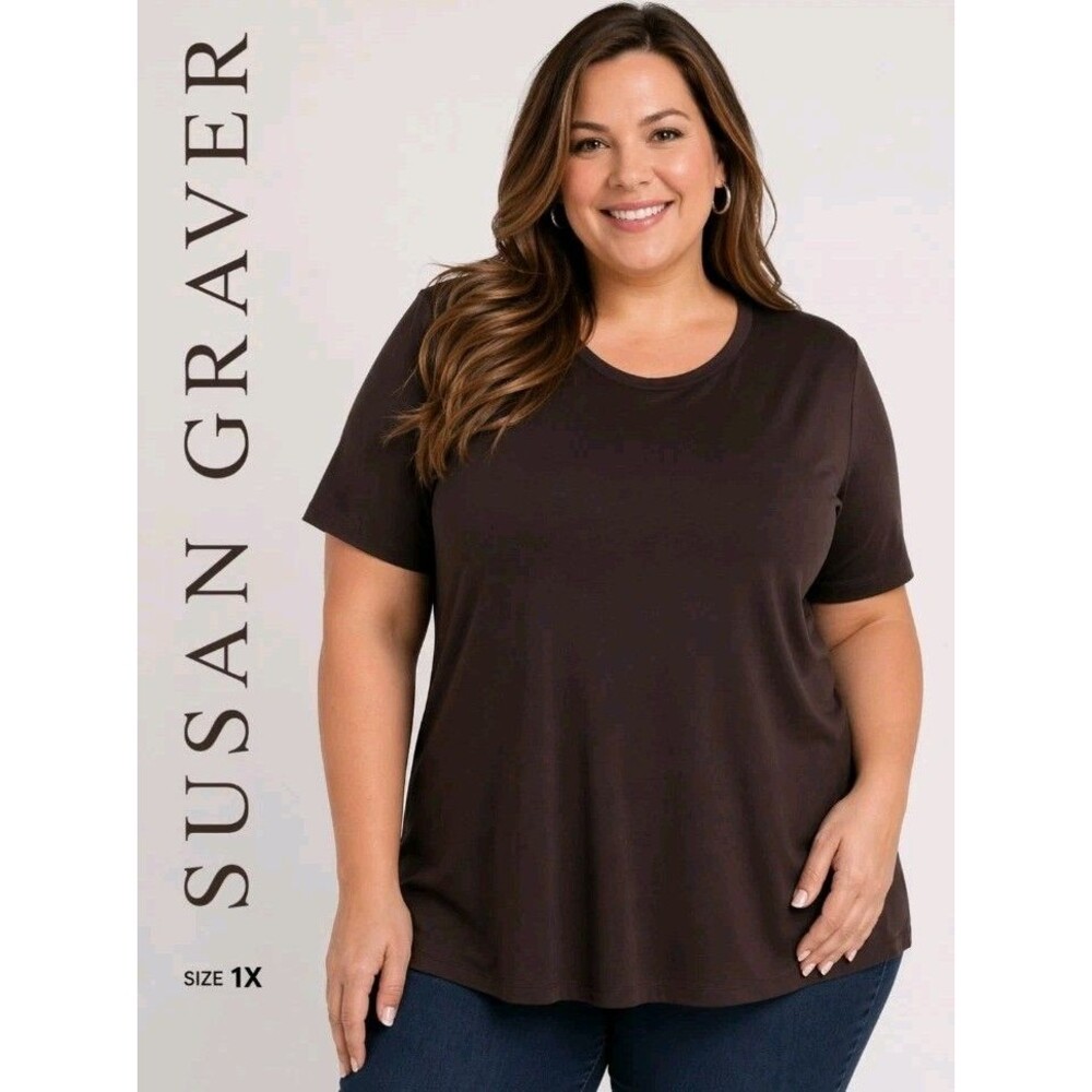 SUSAN GRAVER Womens 1X Butterknit V-Neck Short Sleeve  Brown T-Shirt Top A107558